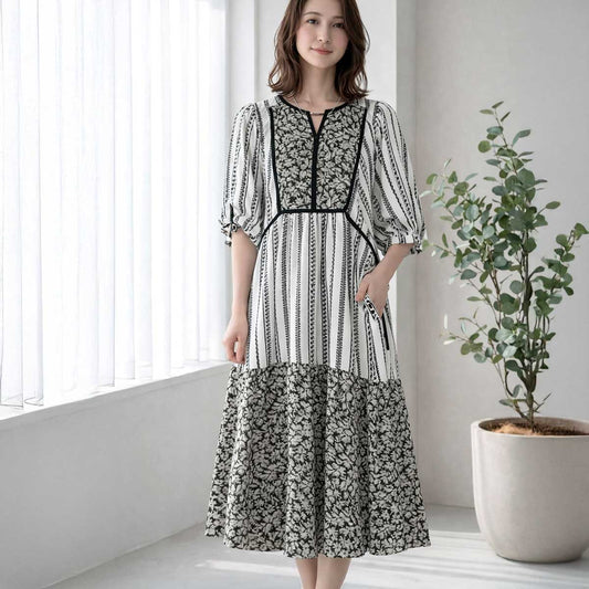 ブラック モノトーン エスニック柄 切替 マキシ ワンピース 5分袖 体型カバー