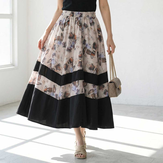 ブラック 配色プリント 切替 フレア スカート ロング マキシ ウエストゴム M
