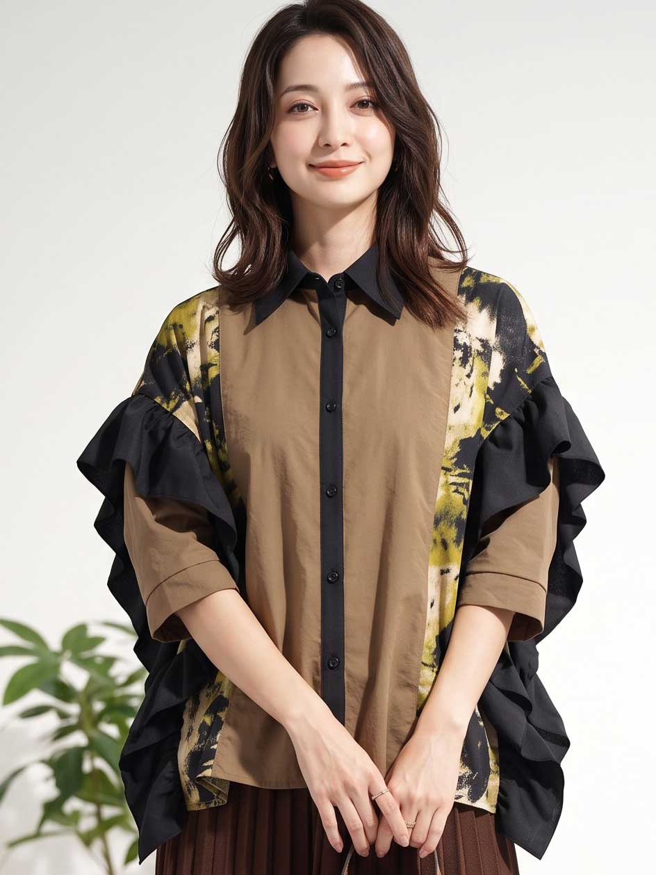 プリント 切替 フリル ビッグシャツ 半袖 ゆったり 体型カバー 夏 秋 フリー