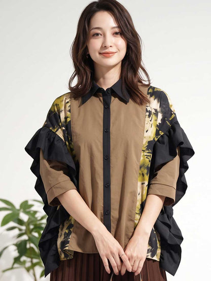プリント 切替 フリル ビッグシャツ 半袖 ゆったり 体型カバー 夏 秋 フリー