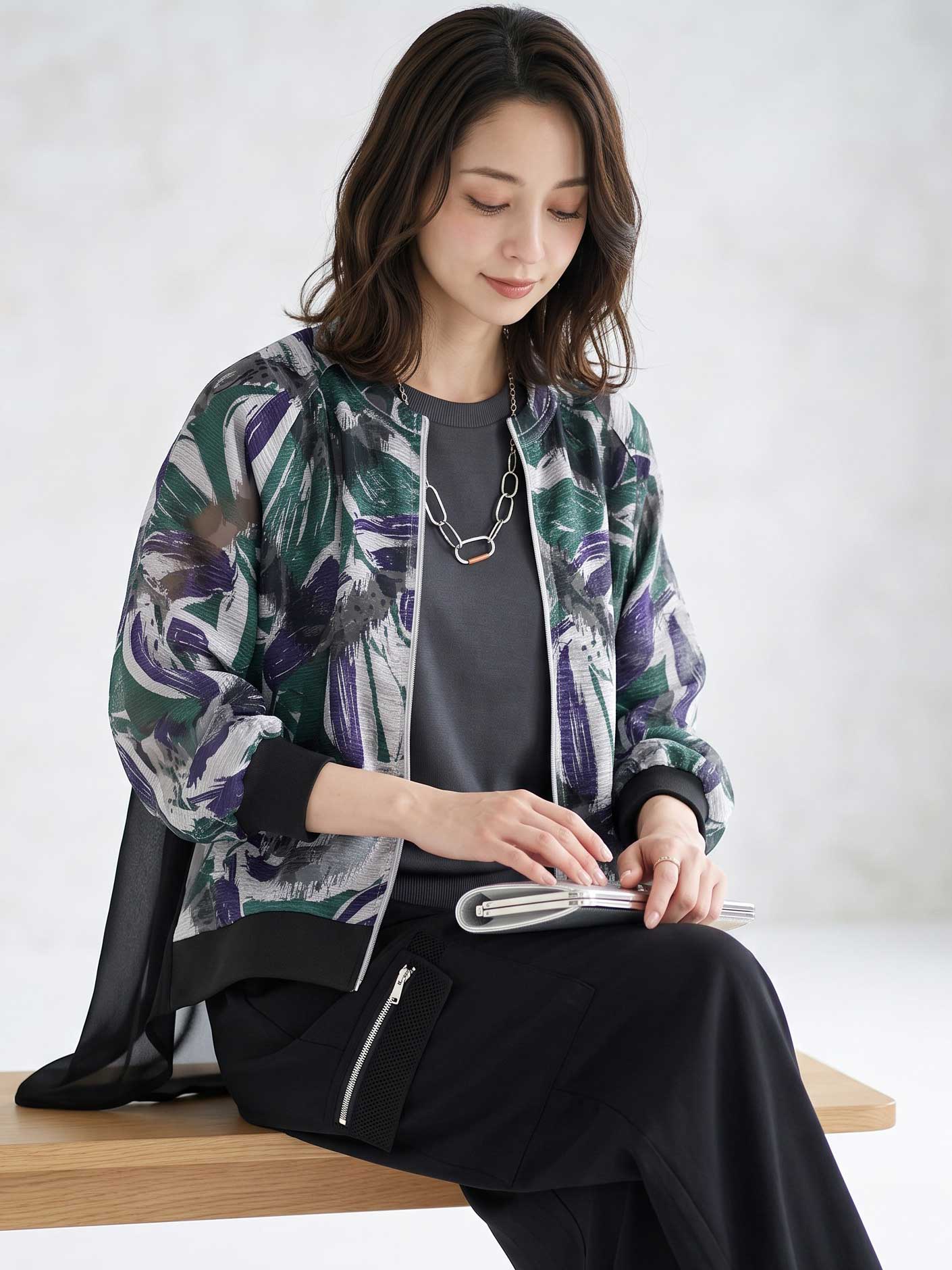 オーガンジー 切替 ブルゾン 花柄 透け感 ライトアウター 羽織り ゆったり 秋 M