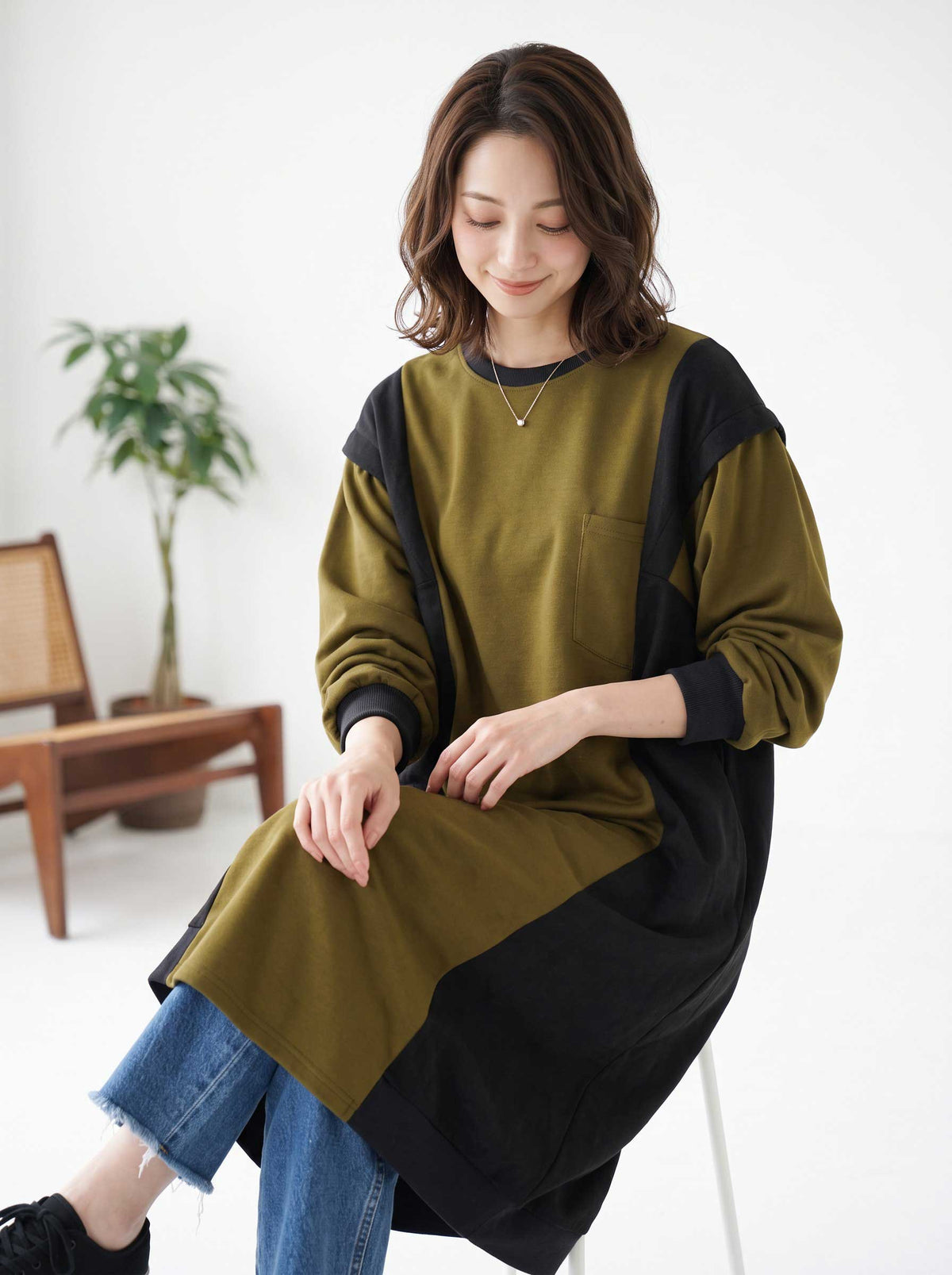 ワンピース ロング 異素材 配色 バイカラー ゆったり 体型カバー 秋 冬 M L