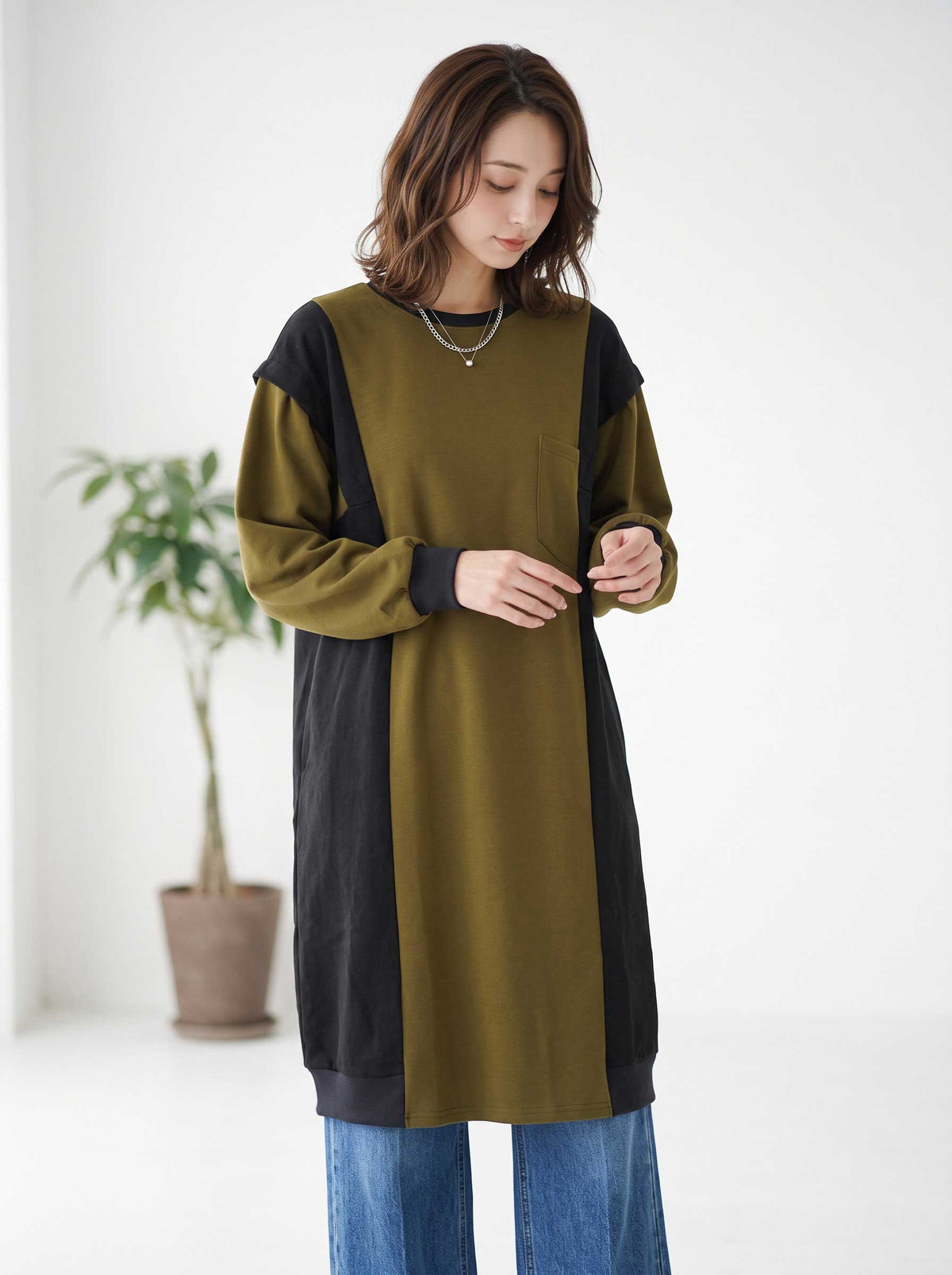 ワンピース ロング 異素材 配色 バイカラー ゆったり 体型カバー 秋 冬 M L