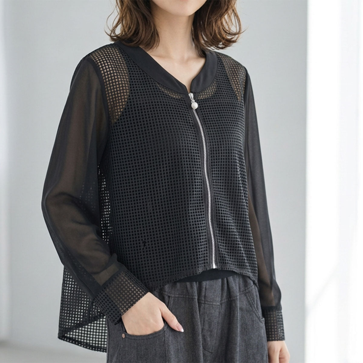 シアー メッシュ ジャケット アシンメトリー 前後差 ジップアップ 羽織り ゆったり 春 夏