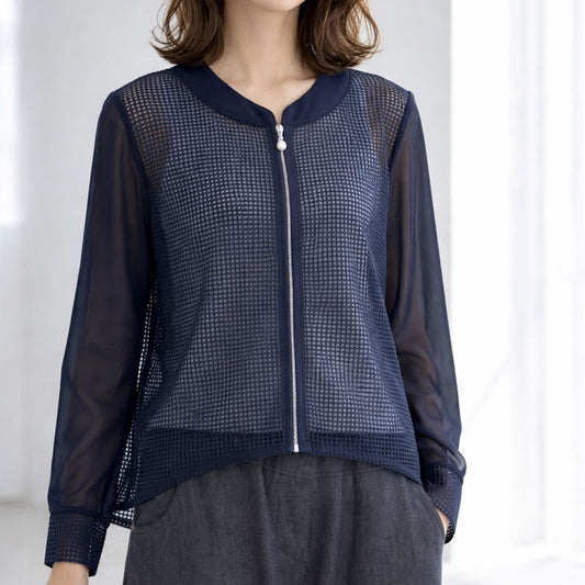 シアー メッシュ ジャケット アシンメトリー 前後差 ジップアップ 羽織り ゆったり 春 夏