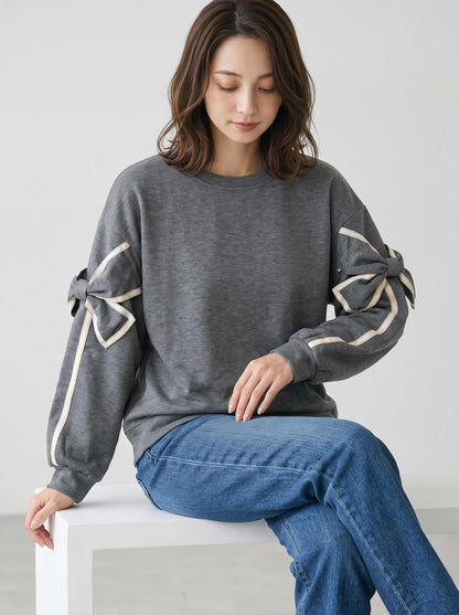 トップス プルオーバー 袖リボン ラインテープ ドロップショルダー 秋冬 M L