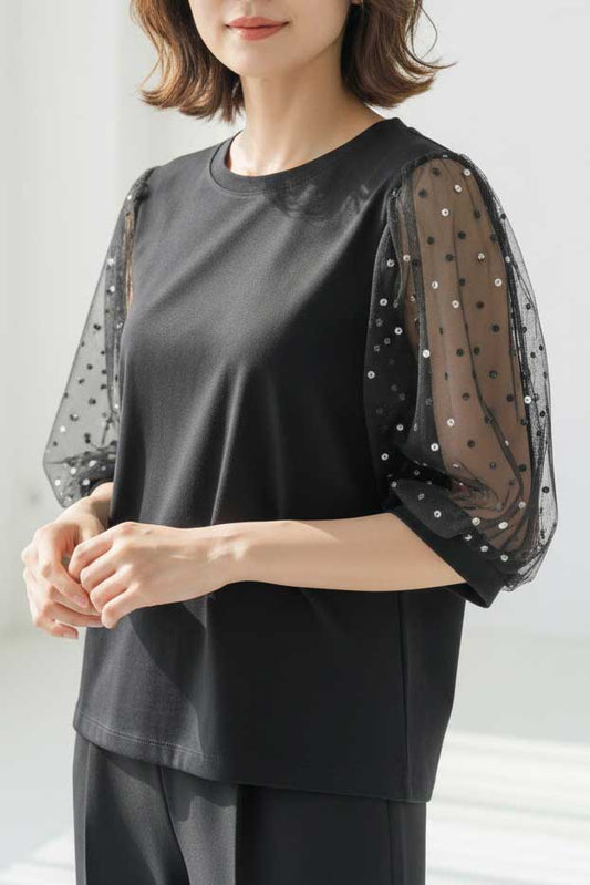 パール付き チュール袖 パフスリーブ プルオーバー ゆったり 体型カバー M-L