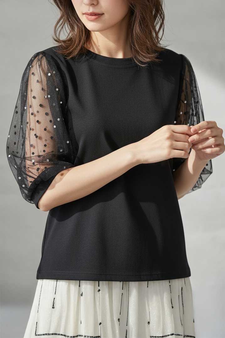 パール付き チュール袖 パフスリーブ プルオーバー ゆったり 体型カバー M-L