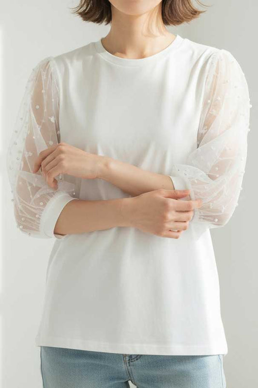 パール付き チュール袖 パフスリーブ プルオーバー ゆったり 体型カバー M-L