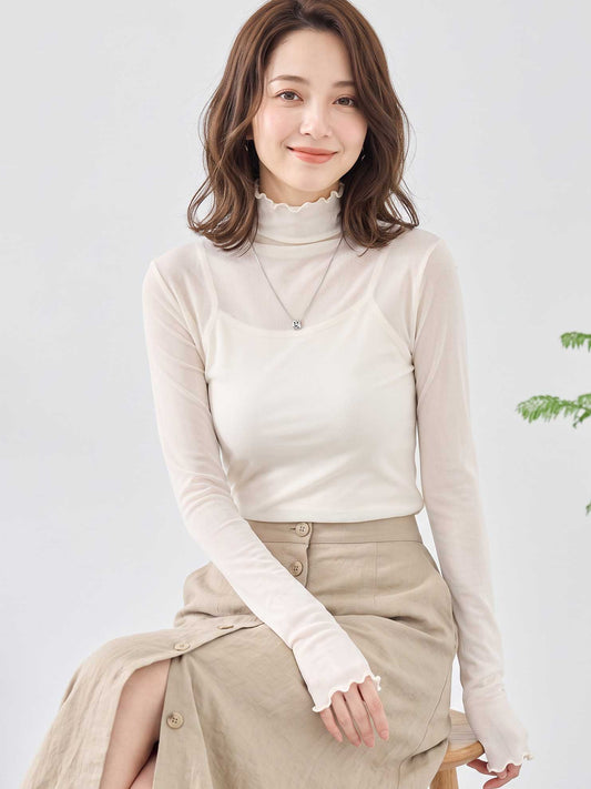【M-L】メロウシアーハイネックトップス 透け感 レイヤード インナー フリルネック TRUBE