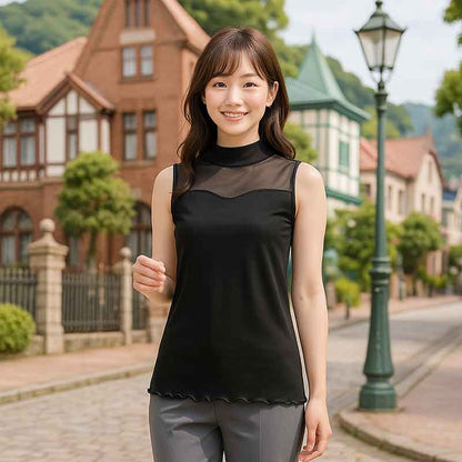 【M〜L】日本製チュール切替ボトルネックタンクトップ｜涼感×上品レース（D16039）