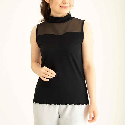 日本製 チュール切替 ボトルネック タンクトップ ノースリーブ 綿100％ インナー 春夏