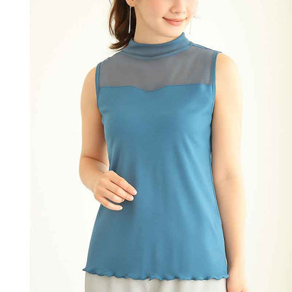 日本製 チュール切替 ボトルネック タンクトップ ノースリーブ 綿100％ インナー 春夏