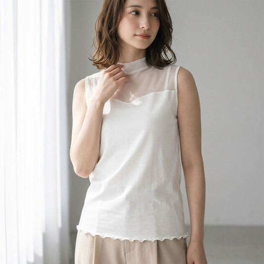 日本製 チュール切替 ボトルネック タンクトップ ノースリーブ 綿100％ インナー 春夏