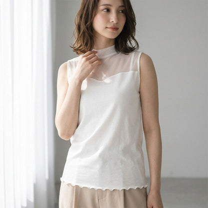 日本製 チュール切替 ボトルネック タンクトップ ノースリーブ 綿100％ インナー 春夏
