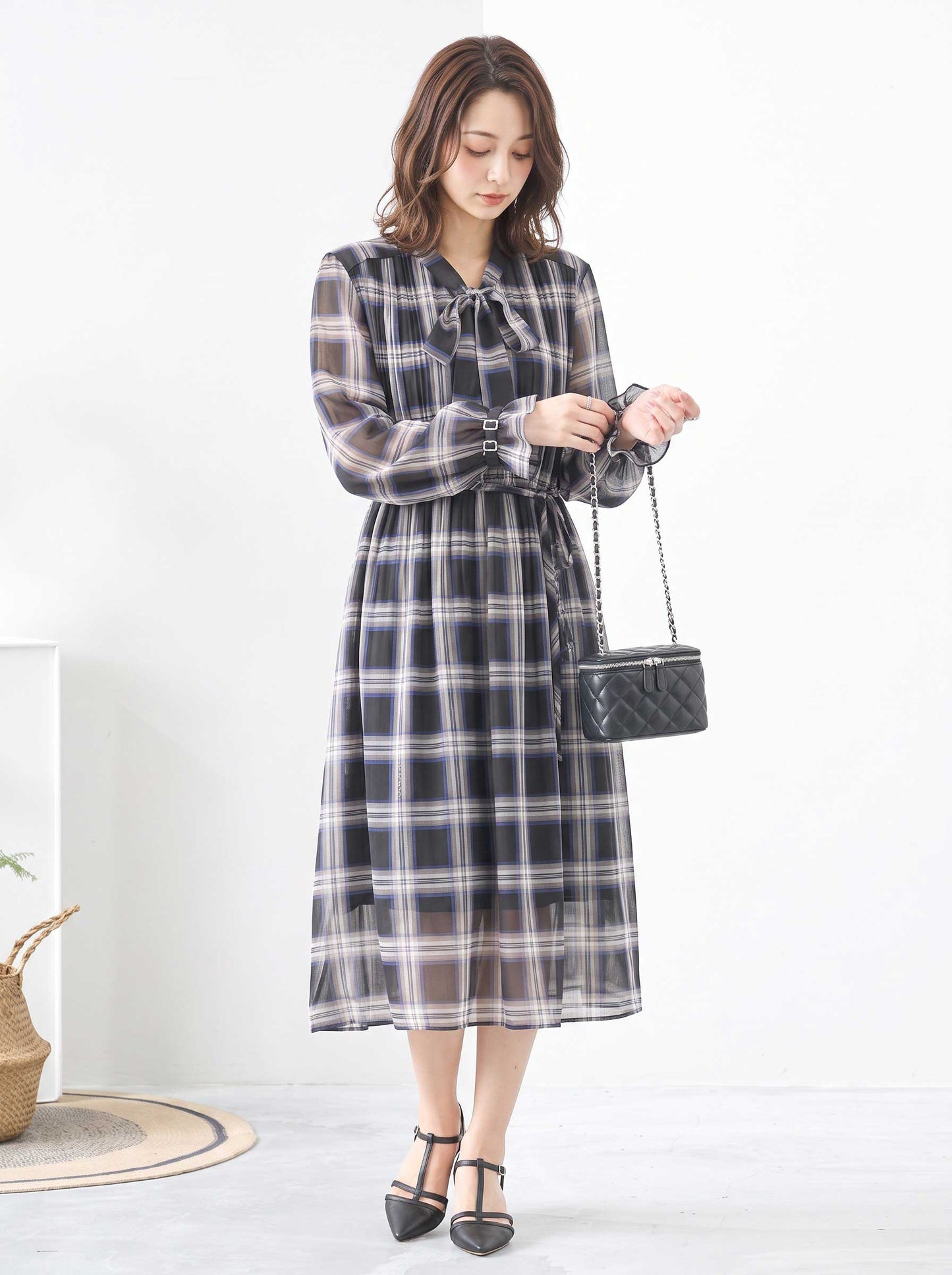 シフォン ボウタイ チェック柄 ワンピース 長袖 ゆったり 体型カバー M-L