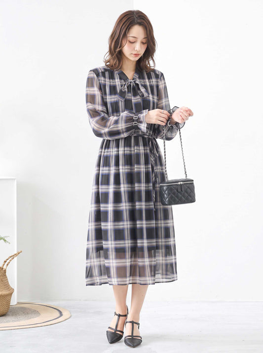 シフォン ボウタイ チェック柄 ワンピース 長袖 ゆったり 体型カバー M-L
