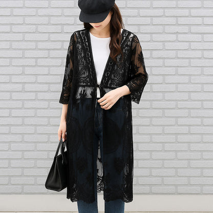 【M】綿混 チュール刺繍レース カーディガン SILENT WORTH｜シアー 上品 体型カバー 羽織り 夏 N-2736