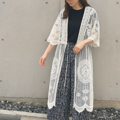 【M】綿混 チュール刺繍レース カーディガン SILENT WORTH｜シアー 上品 体型カバー 羽織り 夏 N-2736