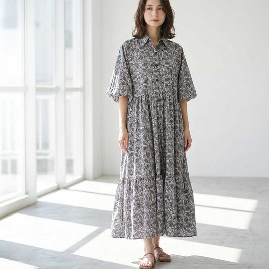 モノトーン ペイズリー柄 袖バルーン ティアード マキシ ワンピース 半袖 ゆったり M