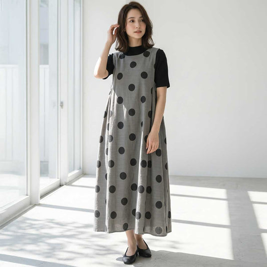 グレー 大判ドット柄 ノースリーブ マキシ ワンピース M ゆったり ジャンスカ