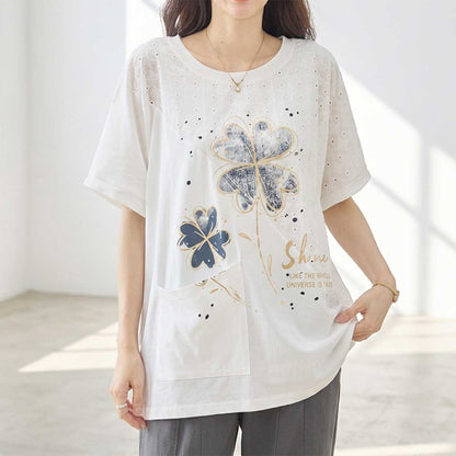 クローバー柄 レース切替 Tシャツ チュニック ゆったり 体型カバー M-L