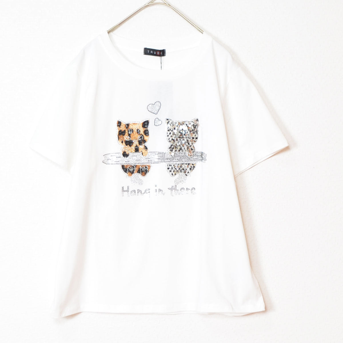 猫プリント Tシャツ スパンコール装飾 半袖 綿混 ストレッチ クルーネック 白