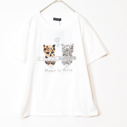 猫プリント Tシャツ スパンコール装飾 半袖 綿混 ストレッチ クルーネック 白