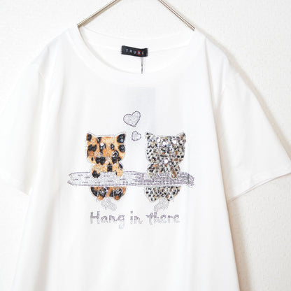 猫プリント Tシャツ スパンコール装飾 半袖 綿混 ストレッチ クルーネック 白
