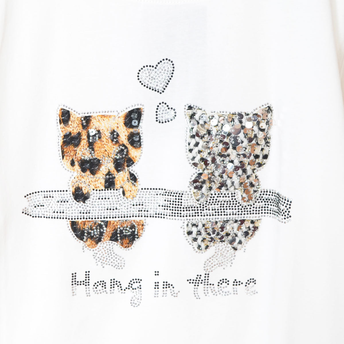 猫プリント Tシャツ スパンコール装飾 半袖 綿混 ストレッチ クルーネック 白