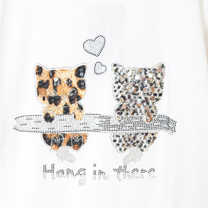 猫プリント Tシャツ スパンコール装飾 半袖 綿混 ストレッチ クルーネック 白