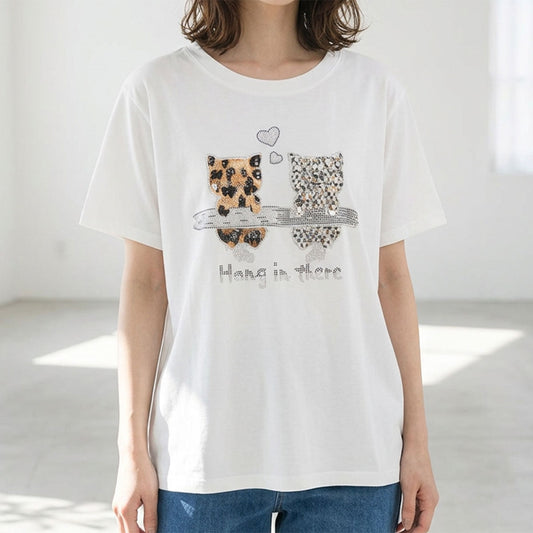 猫プリント Tシャツ スパンコール装飾 半袖 綿混 ストレッチ クルーネック 白