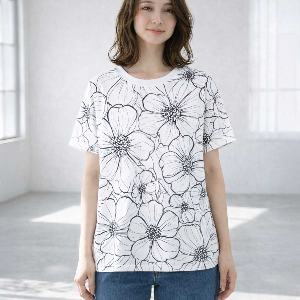 線画風 花柄 プリント Tシャツ チュニック 半袖 ゆったり 体型カバー 着痩せ M-L