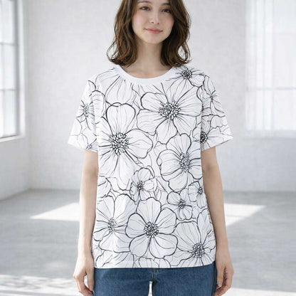 線画風 花柄 プリント Tシャツ チュニック 半袖 ゆったり 体型カバー 着痩せ M-L