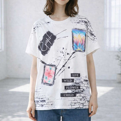 アート柄 コラージュ プリント Tシャツ チュニック 半袖 ゆったり 体型カバー M-L