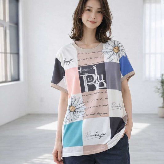 パネル柄 花柄 ロゴ プリント Tシャツ チュニック 半袖 ゆったり L-LL 体型カバー