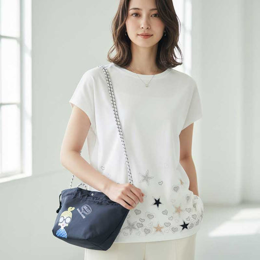 星柄 ハート 刺繍 Tシャツ 半袖 綿混 ストレッチ 涼しい 楽ちん トップス M-L