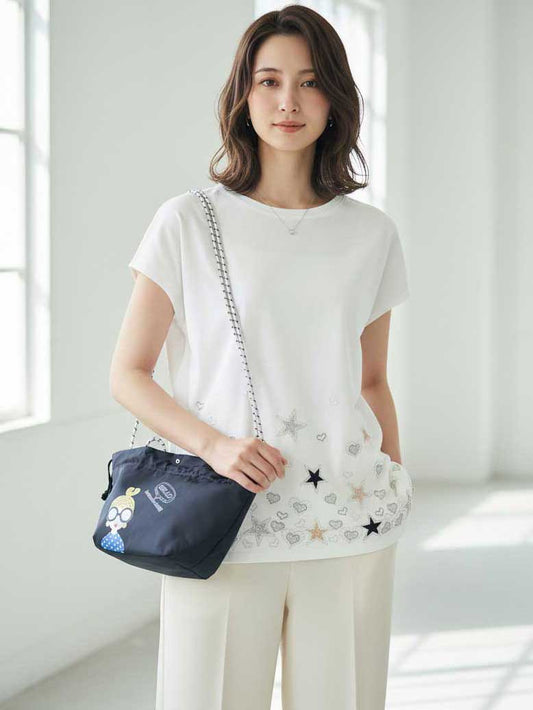 星柄 ハート 刺繍 Tシャツ 半袖 綿混 ストレッチ 涼しい 楽ちん トップス M-L