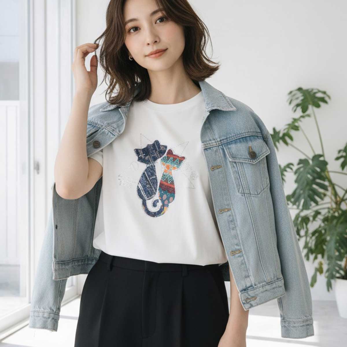 ラインストーン 猫 モチーフ デコ Tシャツ 半袖 ゆったり 体型カバー L-LL