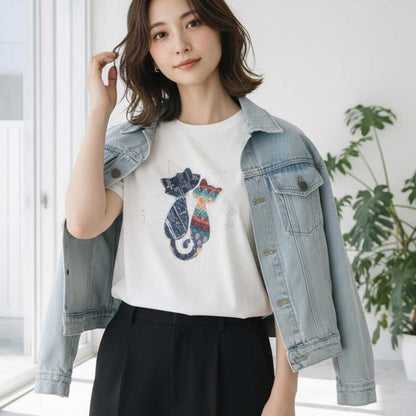 ラインストーン 猫 モチーフ デコ Tシャツ 半袖 ゆったり 体型カバー L-LL