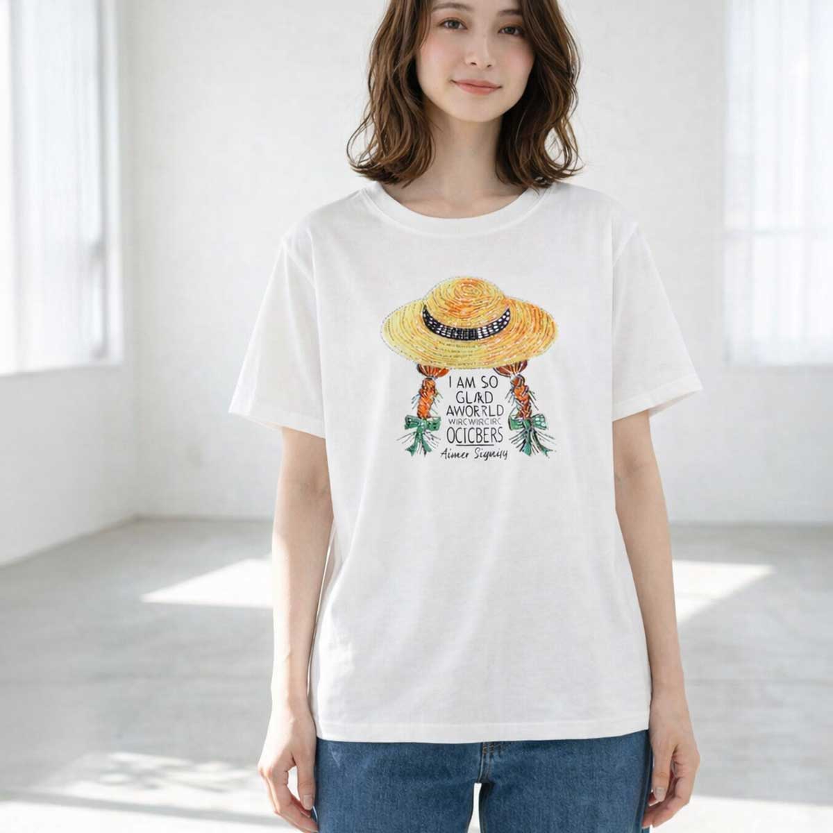 ハットガール プリント Tシャツ スパンコール装飾 半袖 綿混 ストレッチ クルーネック 白