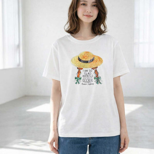 ハットガール プリント Tシャツ スパンコール装飾 半袖 綿混 ストレッチ クルーネック 白