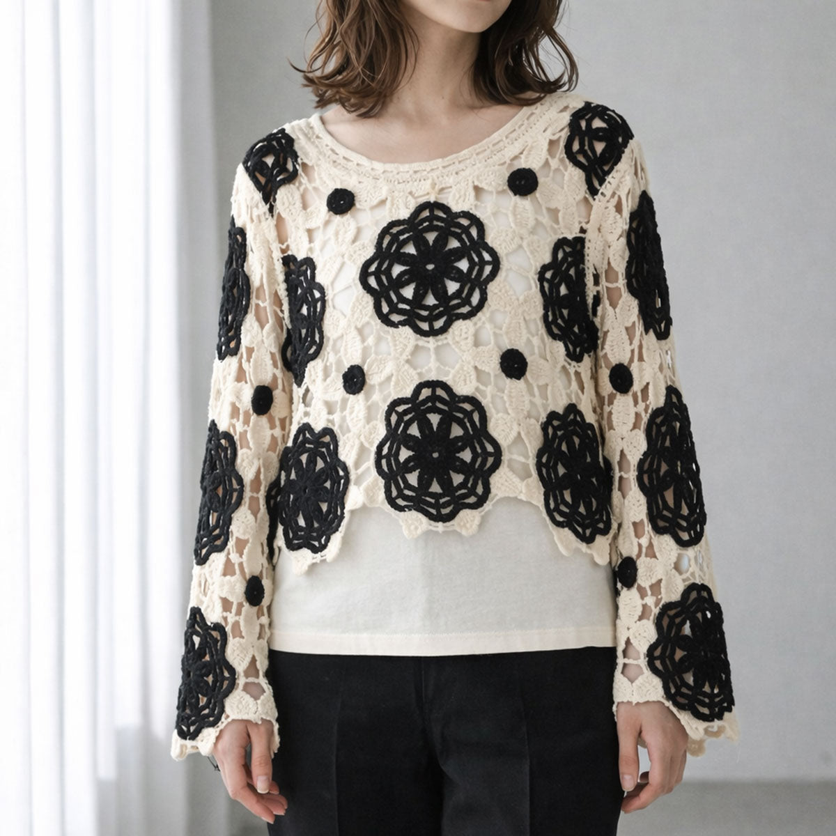 バイカラー フラワー クロシェ レーストップス 透かし編み 長袖 ショート丈 レイヤード