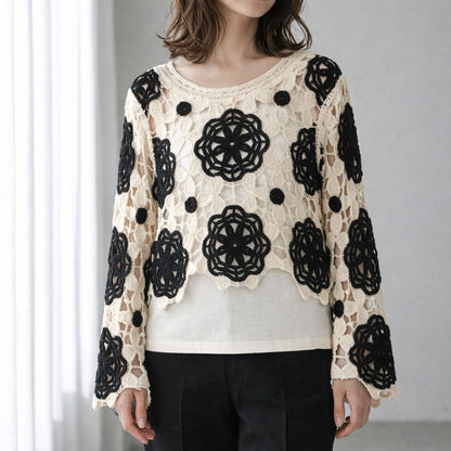 バイカラー フラワー クロシェ レーストップス 透かし編み 長袖 ショート丈 レイヤード
