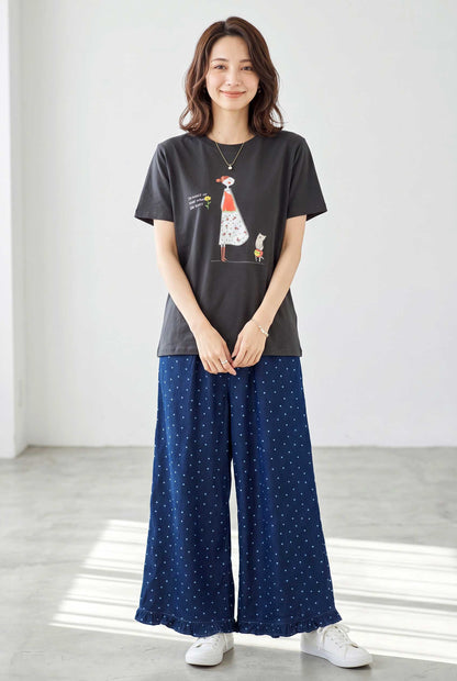 猫と女の子 イラストプリント Ｔシャツ 半袖 綿混 ストレッチ ゆったり Ｍ〜Ｌ 黒