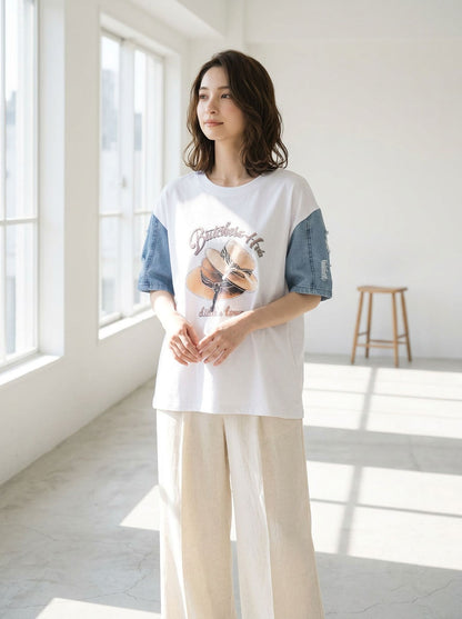 ハットプリント デニムスリーブ トップス Tシャツ 半袖 異素材ミックス 綿100% ゆったり 春 夏