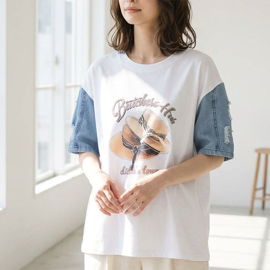ハットプリント デニムスリーブ トップス Tシャツ 半袖 異素材ミックス 綿100% ゆったり 春 夏