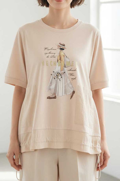 ガールイラスト ドロスト Tシャツ 半袖 異素材 フリル ゆったり 体型カバー