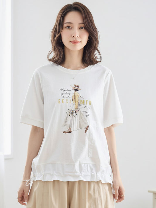 ガールイラスト ドロスト Tシャツ 半袖 異素材 フリル ゆったり 体型カバー
