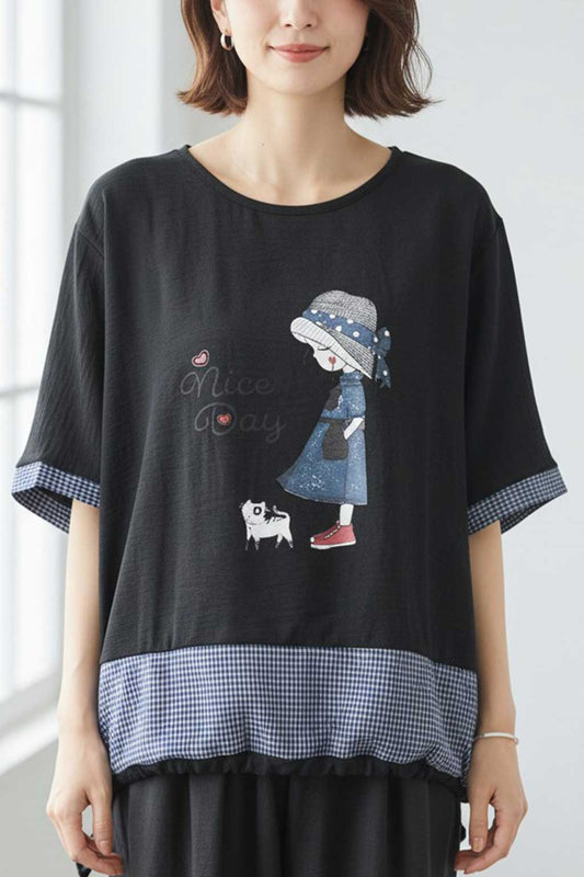 帽子少女イラスト ギンガムチェック 切替 トップス 裾ドロスト 半袖 ゆったり 体型カバー L-LL